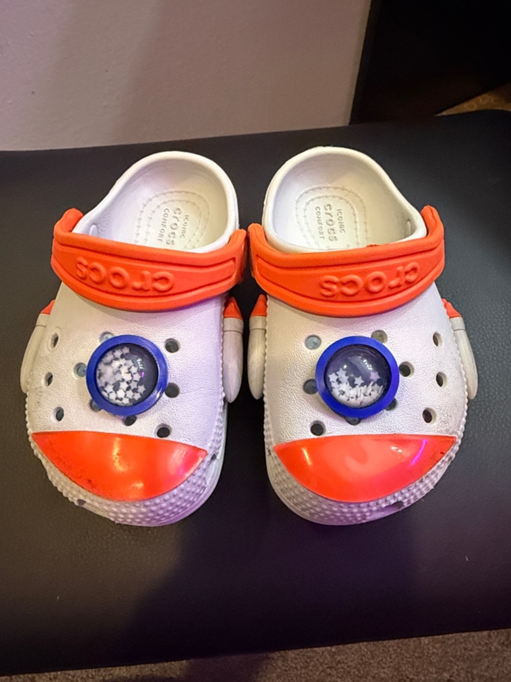 CROCS White and Orange Kids Clog with Blue Charm